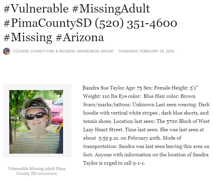 CCFirenIncident's tweet photo. #Vulnerable #MissingAdult #PimaCountySD (520) 351-4600 #Missing #Arizona https://t.co/IgbyXFkggz
