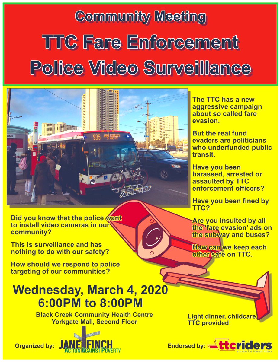 Join us on March 4 to discuss how we can effectively fight back against “TTC Fare Enforcement” and “Police Surveillance”. No excuses for Fund Evasion and surveillance of our communities! #TTC #Toronto #Police #JaneFinch <a href="/ttcriders/">TTCriders</a> <a href="/JFAAP/">JFAAP</a>