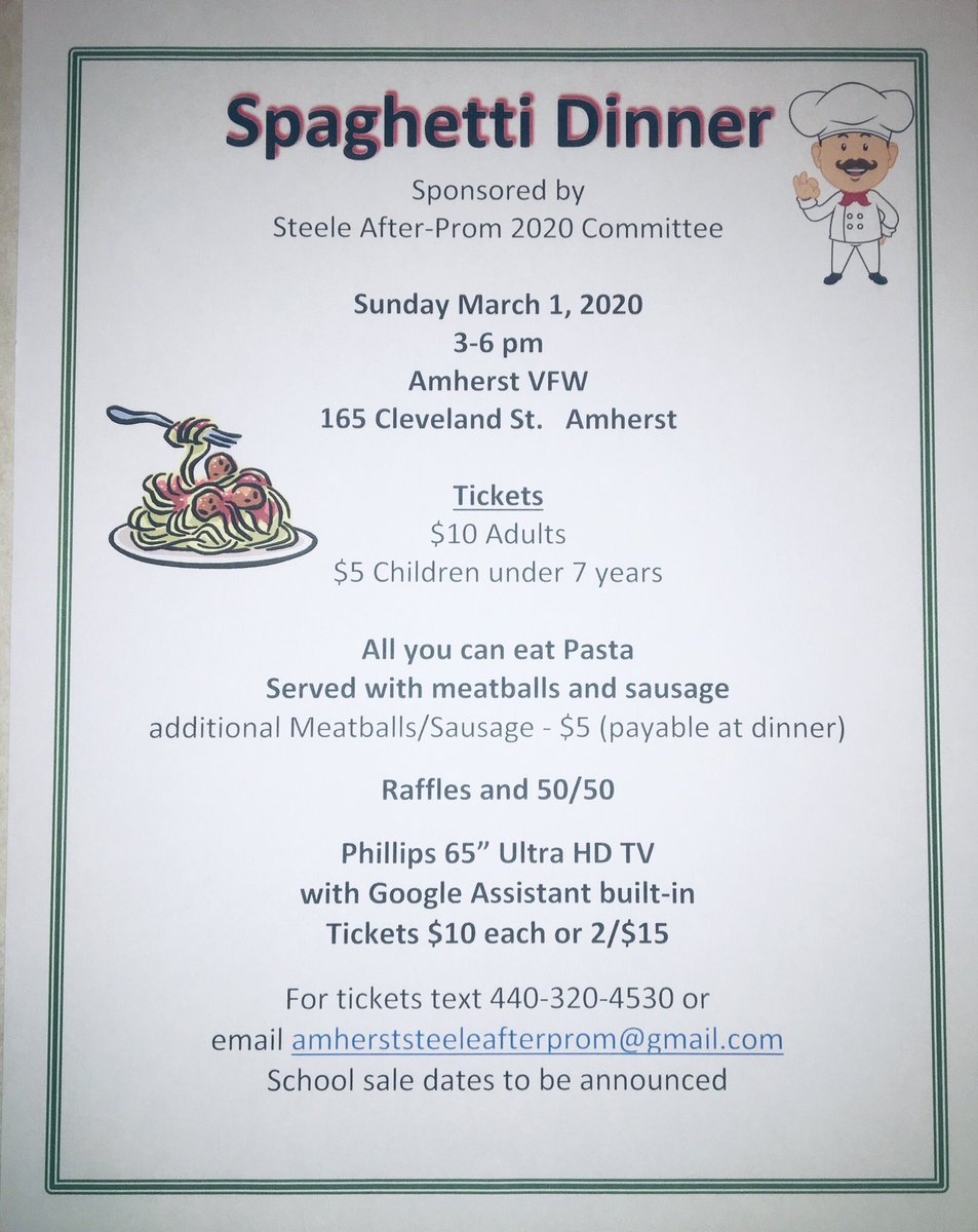 SteeleAfterprom's tweet photo. All-U-Can Eat Spaghetti Dinner and Support AfterProm 2020. Homemade sauce with meatballs and sausage. Adults $10 - children under 7 $5. Sunday March 1st  3-6 pm    For tickets text 4403204530 or email amherststeeleafterprom@Gmail.com https://t.co/JMwxGfVvNY