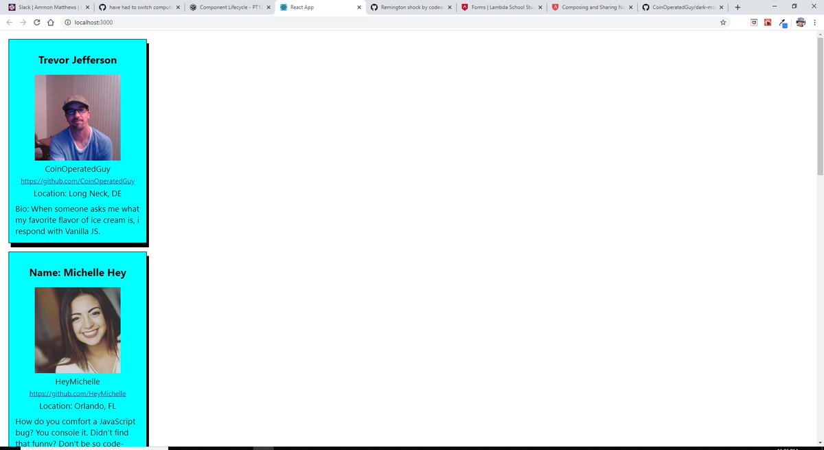 CoinOperatedGuy's tweet photo. got my Github Usercard App to finally render!!!
Onto another project!! @LambdaSchool 
#reactjs #React #webdev #lambda #CodeNewbie #100DaysOfCode #webdeveloper #JS #javascript30 https://t.co/baFyMlIWfB