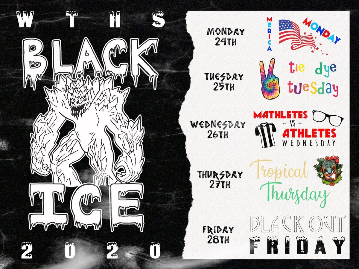 wthsfans's tweet photo. The 55th Annual Black and White Competition is next week! Get in the spirit and support your team with this years spirit weeks!! Black Ice is last names A-K! White Bandits is last names L-Z! Best of luck to both teams and get involved! https://t.co/zigpi1dIxq