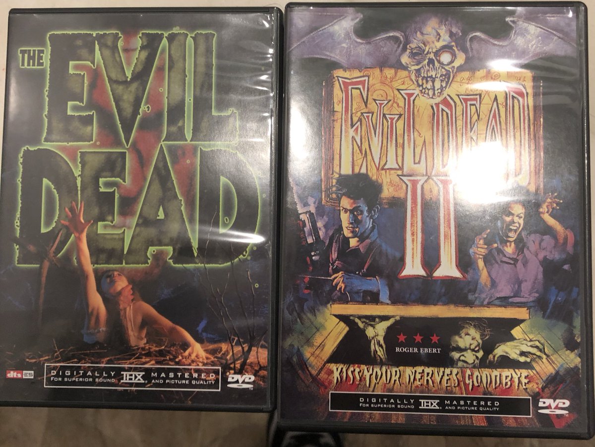 CalinSmith's tweet photo. Bought both these horror classics today. Got one hour into the first one and my dog was under the blanket shaking literally. #Spooky #shittinbricks #Evildead #Evildead2 #Spunky https://t.co/bAEipRlclE