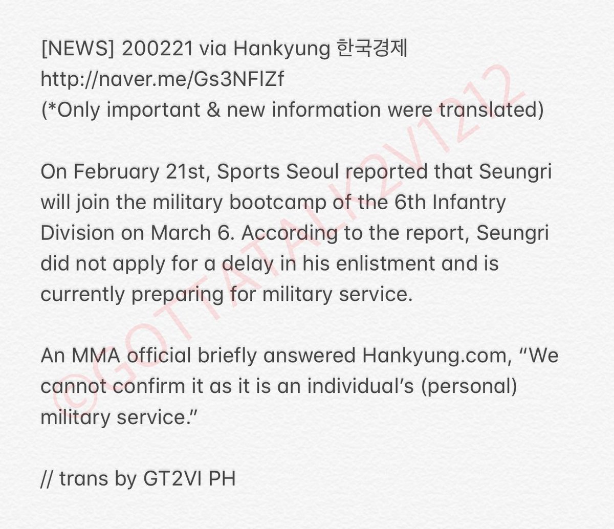GottaTalk2V1212's tweet image. [NEWS] 200221 via Hankyung
naver.me/Gs3NFlZf
Reported by: Kim Suyeong

“On Feb 21st, Sports Seoul reported that Seungri will join the military bootcamp of the 6th Infantry Division on March 6

MMA: “We cannot confirm it as it is an individual’s (personal) military service.”