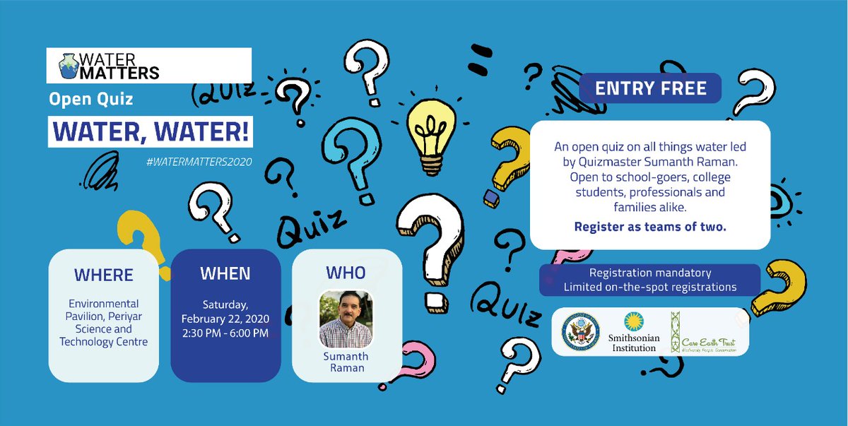 careearthtrust's tweet photo. #OpenQuiz | Saturday, February 22, 2:30 PM 
An afternoon filled with tid-bids and fun facts about water. Conducted by quizmaster @sumanthraman , the #WaterMatters #Quiz is open to students, professionals and families alike #Chennai 
Entry free | Register - https://t.co/e19YX0VFZi https://t.co/YxExpWB2O1
