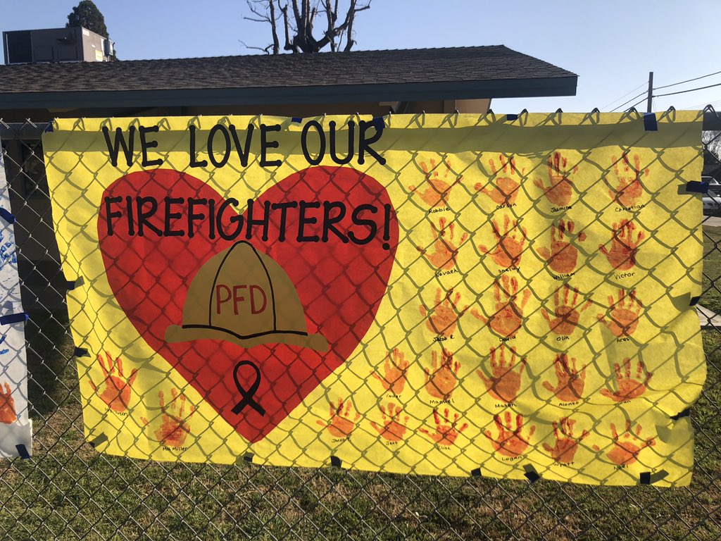 btorres78's tweet photo. Burton Elementary loves our firefighters and first responders. BES is standing with you during the tragic loss of Captain Figueroa and Firefighter Jones. #ilovebes #portervillefire https://t.co/ATMfGaSJ7b