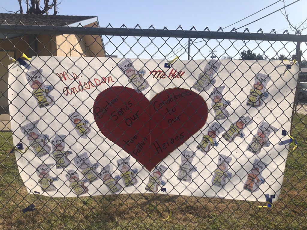 btorres78's tweet photo. Burton Elementary loves our firefighters and first responders. BES is standing with you during the tragic loss of Captain Figueroa and Firefighter Jones. #ilovebes #portervillefire https://t.co/ATMfGaSJ7b