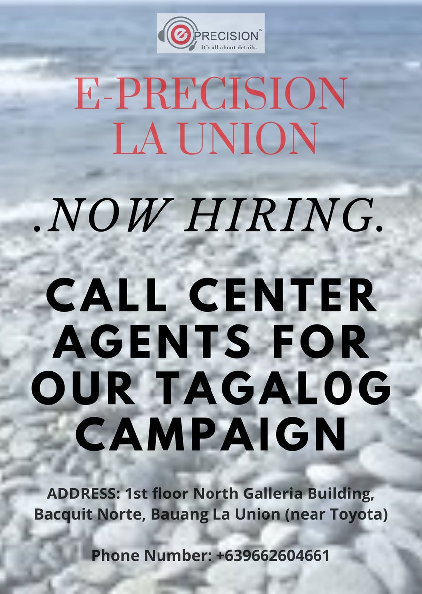 EPrecisionCS's tweet image. We heard you La Union so here we go!

We&apos;re looking for qualified applicants for our first batch.

NOW HIRING

-INBOUND &amp;amp; OUTBOUND CALL CENTER AGENTS
-NON-VOICE CALL CENTER AGENTS
-VIRTUAL ASSISTANTS

#CallCenter #CallCenterJobs #CallCenterLaUnion #EPrecision