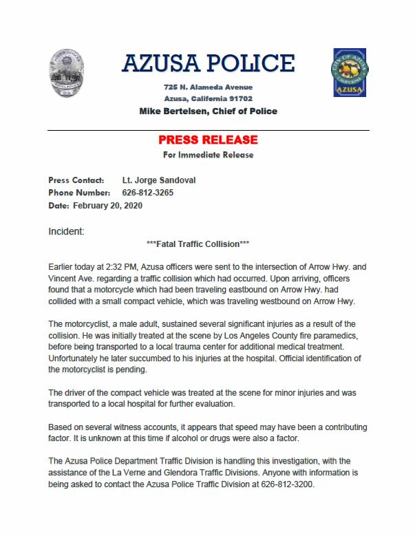 AzusaPD's tweet photo. Please see below press release regarding today's fatal traffic accident.. https://t.co/IRKkDFnzMK