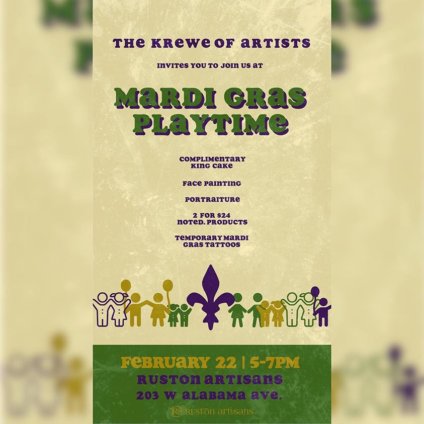 RustonArtisans's tweet photo. Located on the parade route @RustonArtisans is celebrating #RustonLA #MardiGras festivities Sat. 2/22 with 'Playtime' from 5-7pm. Watch the parade at 6pm with us.
#mardigras #discounts #specials #kids #facepainting #freekingcake #free #rustonmardigras #downtownruston https://t.co/uV9BAQhINv