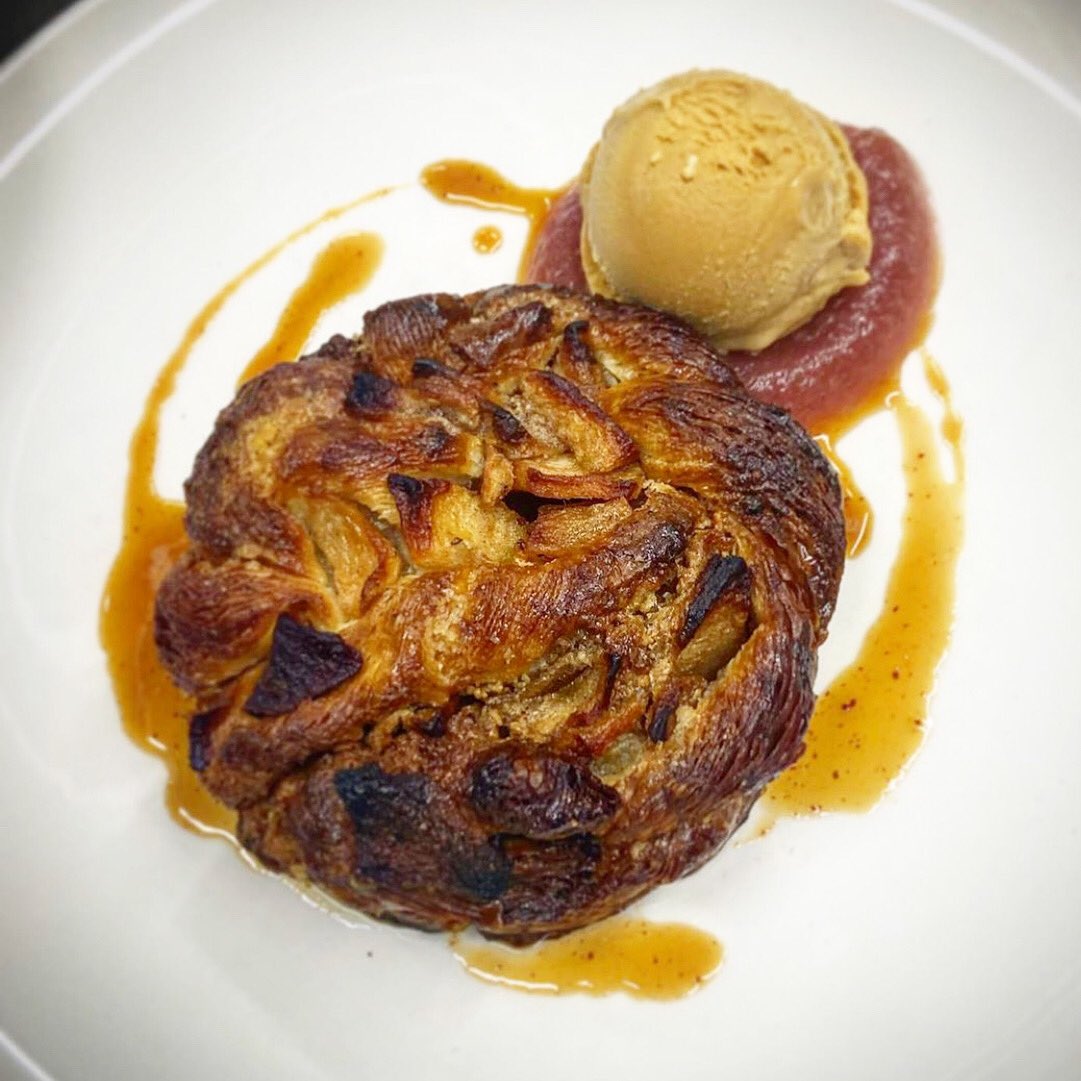 apple kouign amann with almond frangipane, cider reduction and caramel ice cream. <a href="/shannon_swindle/">shannon swindle</a> @johnnybakecake #lucques #dessert <a href="/SuzanneGoin/">Suzanne Goin</a> <a href="/styneonwine/">Caroline Styne</a> lucques.com