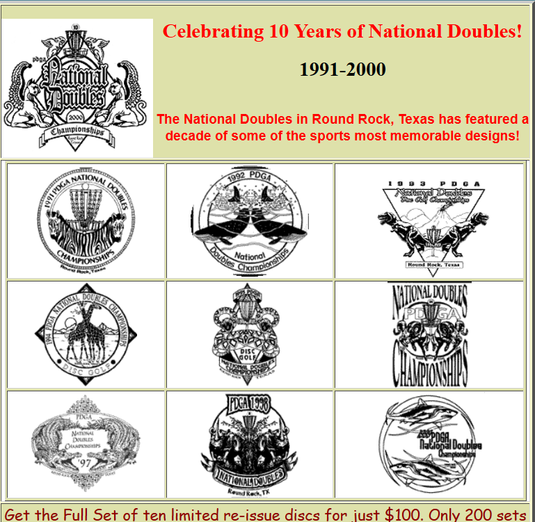 HouckDesign's tweet photo. #tbt Back to the old Circular Productions website (thanks @martyhapner) for the listing of the 10-year commemorative set. Some of these Kent Johnson logos (@MassiveNorman) are among the best ever. #discgolf #pdga #coursedesign #discgolfcourse #coursedesign #discgolfdesign https://t.co/LhvcdokMR2