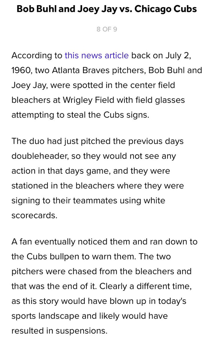 1960 Braves. Two pitchers sitting in center field relaying signs.  http://news.google.com/newspapers?nid=2506&dat=19600702&id=lZ5IAAAAIBAJ&sjid=UwsNAAAAIBAJ&pg=2704,268446