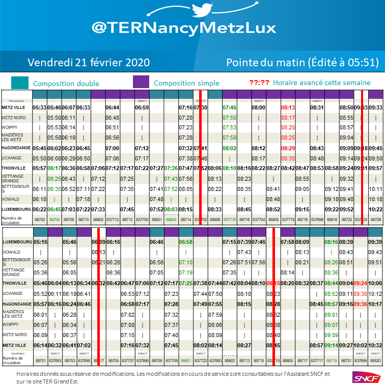 TERNancyMetzLux's tweet photo. 🎙️ #CompoTERNancyMetzLux 

Comme chaque matin, retrouvez ci-dessous la composition de vos trains pour la pointe de ce vendredi 21 février 👇 https://t.co/0KMVmUwCLk