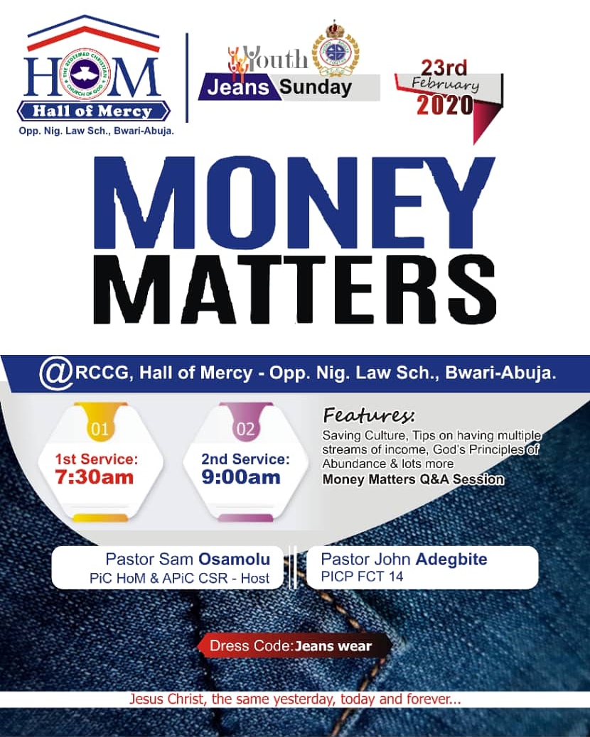 RCCGHallofMercy's tweet photo. Wealth creation, investment and financial management are all part of MONEY MATTERS we will discuss this Youth Sunday. Join us.
.
.
.
#Moneymatters #HOM #HallofMercy #rccg https://t.co/r3ZRJBOHPl