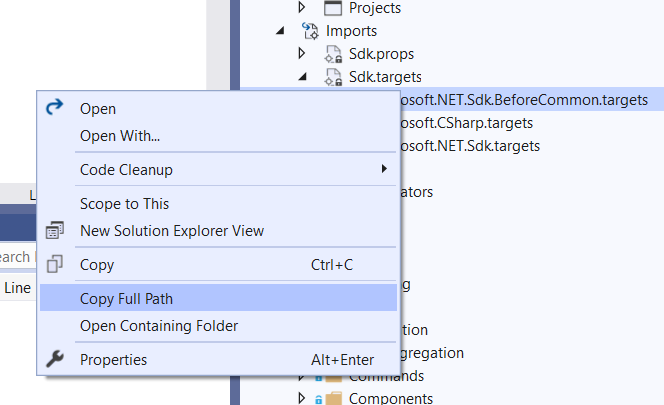 The new MSBuild Imports node (hidden behind Show All Files) should be available in VS 16.5 Preview 3 for .NET SDK-based projects. Play around with it!

Best of all our new file-based commands also work with it, very helpful to try and figure out where imports are coming from.