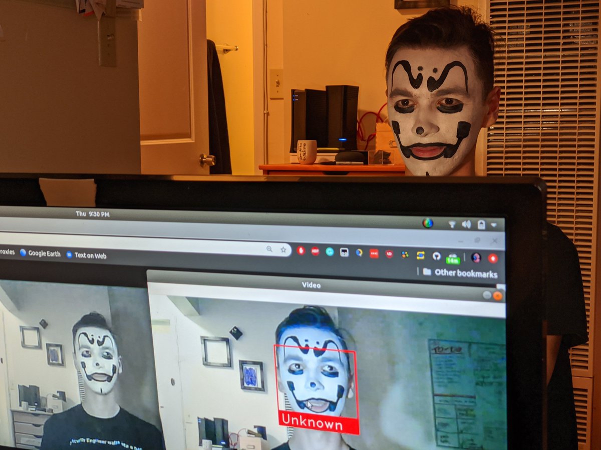 KodyKinzie's tweet image. Confirming critical facial recognition research by @tahkion regarding #juggalo makeup defeating detection and recognition using the #esp32 and #face_recognition/#openCV Python libraries. Results seem conclusive.