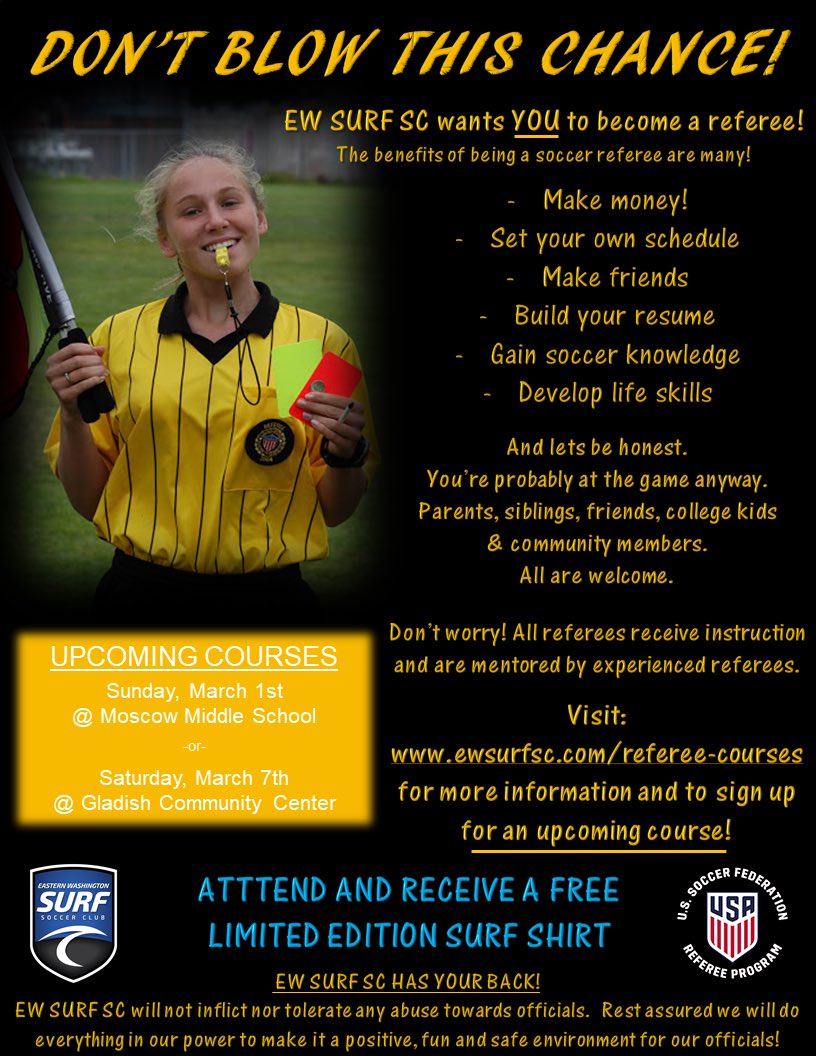 Here’s a great way to earn some extra money and help your local soccer club. Become a ref! ewsurfsc.com/referee-courses #SurfPROUD #CatchtheWave #WeAreSurf #EWSurfSC #EWSurfSCPalouse