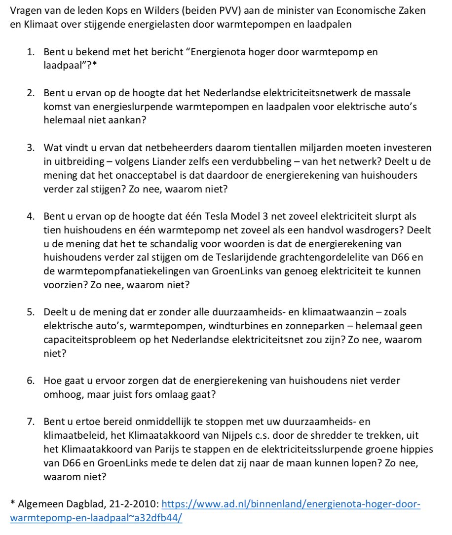 Door de massale komst van laadpalen voor de Teslarijdende D66-elite en warmtepompen voor de GroenLinksgekkies gaat úw energierekening nóg verder omhoog!

SCHANDE. 
Die groene hippies kunnen naar de maan lopen!

#PVV-Kamervragen met <a href="/geertwilderspvv/">Geert Wilders</a> ⬇️

ad.nl/binnenland/ene…