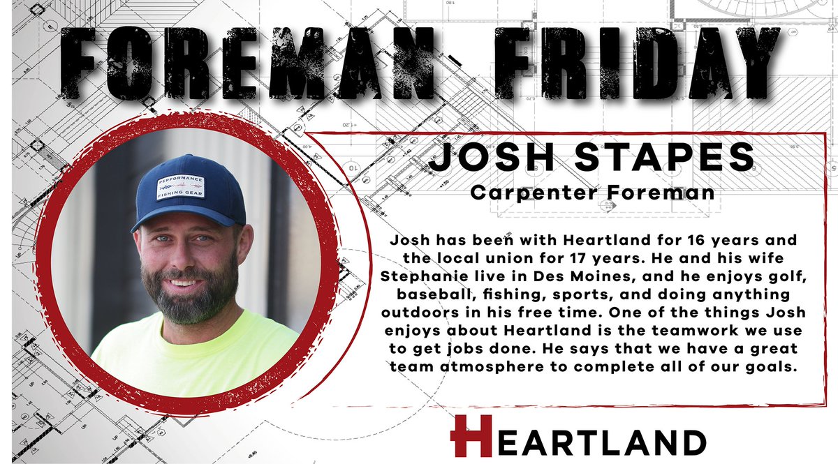 WeAreHRTLND's tweet photo. Here at Heartland we have the best foremen in the business, and we want to celebrate them! Keep an eye out every Friday as we highlight our elite team of foremen. This week, get to know Josh Stapes!  #FieldFirst #ForemanFriday #WeAreHRTLND https://t.co/vjbhowRxYk