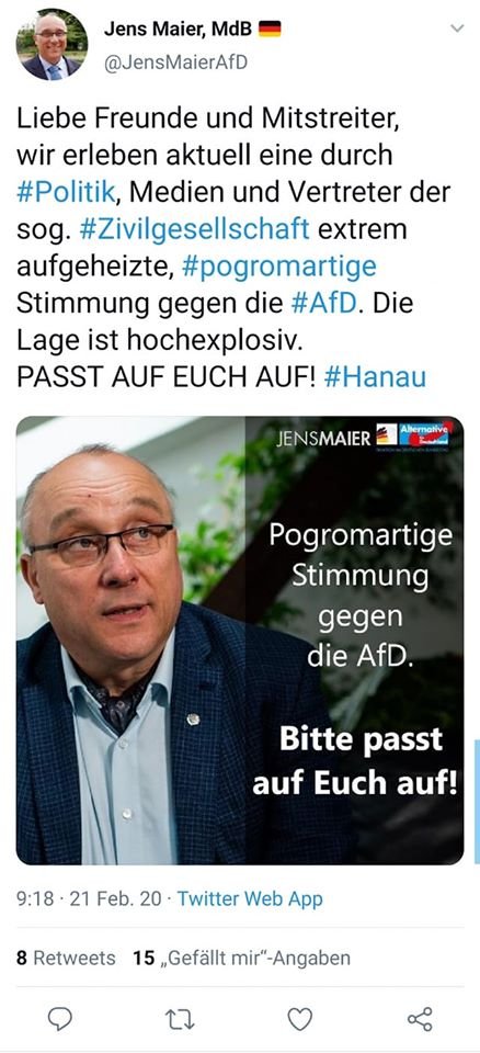 allwaysNoDev's tweet image. Hat ja nicht lange gedauert, bis sich die AfD als Opfer von Hanau sieht. 🤮

Das ist übrigens auch der Mann, der Verständnis für Breivik hatte.