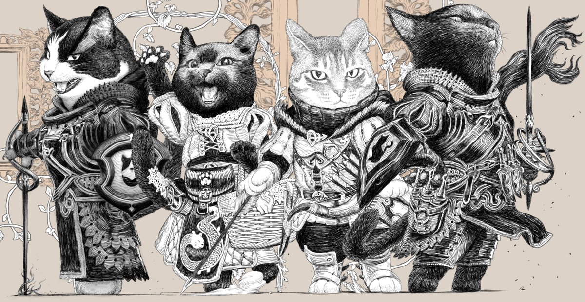 #猫の日 ということで今描いている犬騎士物語から黒騎士 黒猫のクロさんや猫キャラ達をご紹介???✨ 
