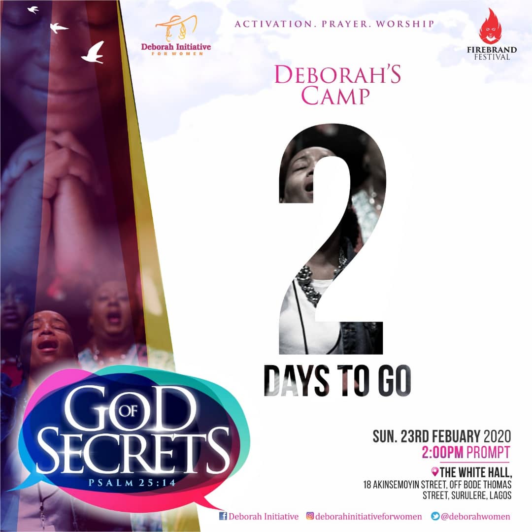 deborahwomen's tweet photo. Two days to go.

📍Supernatural Encounters
📍Wisdom released
📍Blueprints made clearer

Join us at the Deborah's Camp 7.0- as the Spirit launches us into the deep secrets of God.

Kindly find the link to register below:
https://t.co/H28DpCrthE

Come expectant. 

#Godofsecret https://t.co/8tUQTtWqW7