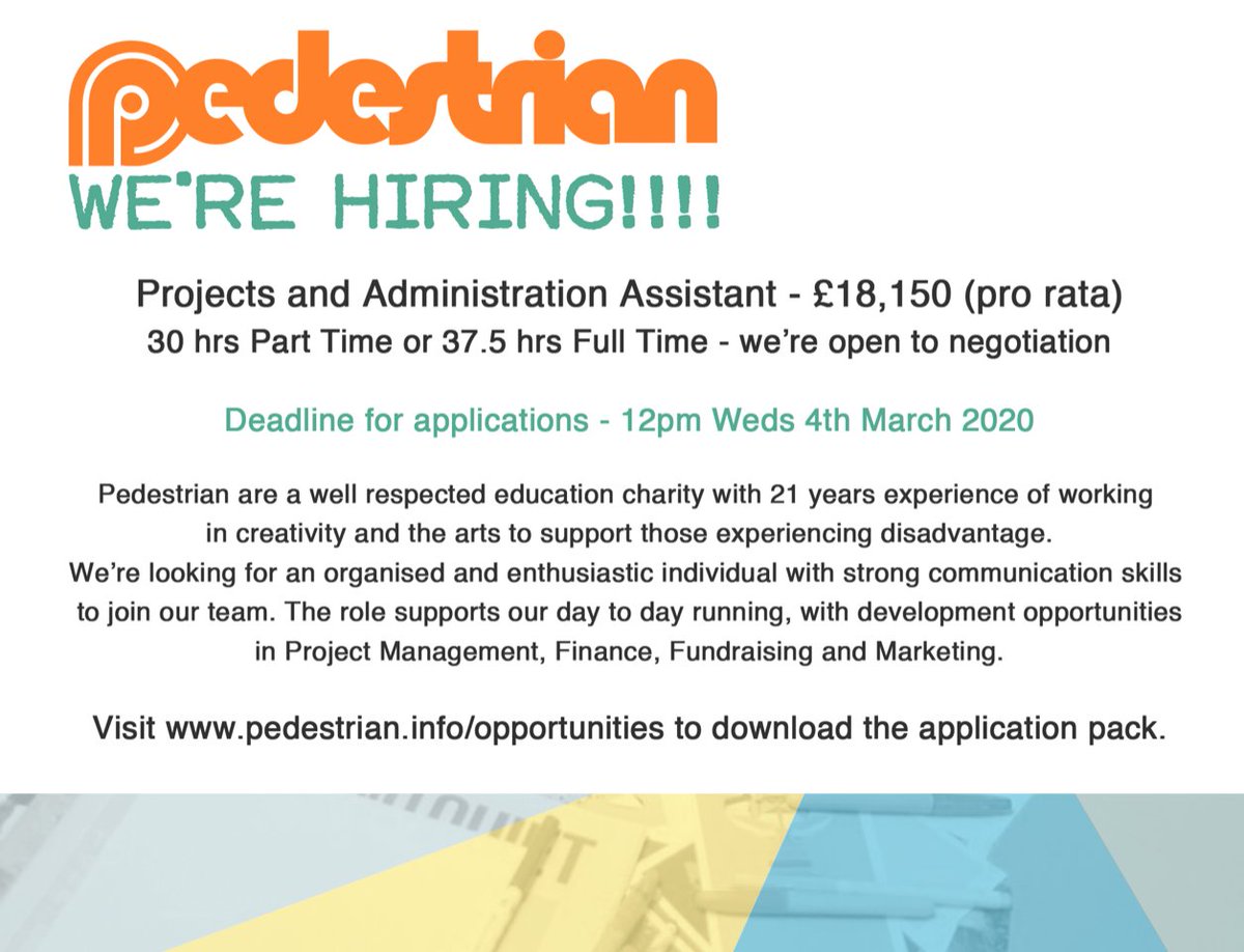 pedestrian1998's tweet photo. Pedestrian are seeking an organised, enthusiastic person with strong communication skills to join them as their Projects and Administration Assistant. Visit https://t.co/kHkgPsVQHG for the full details #Jobs #Hiring #Leicester #Arts #Charity https://t.co/McGyJAehRY