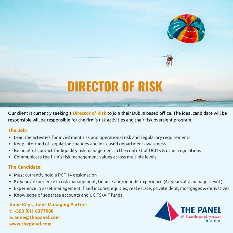 ThePanelDublin's tweet photo. Excellent Director of Risk role available with investment manager client in Dublin. To find out more contact our Managing Partner Anne Keys on anne@thepanel.com to discuss. #jobfairy #riskdirector #cro #headofrisk #risk #investments #investmentmanager #pcf14 https://t.co/k2FLdtcNXd