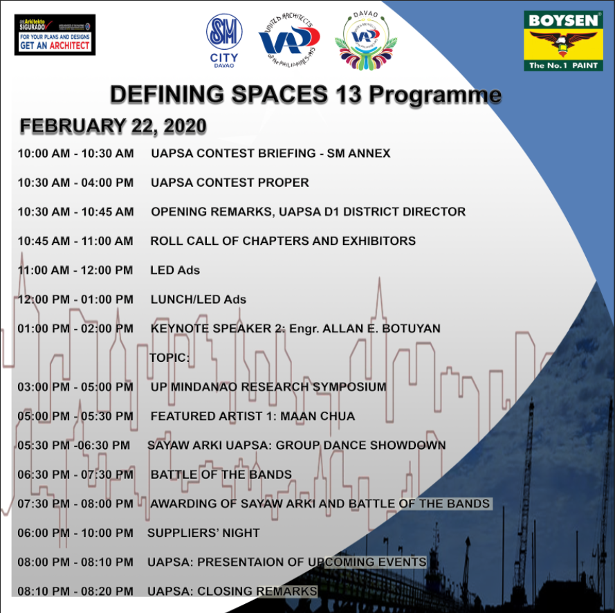 D1uapsa's tweet photo. LOOK | The programme for #DefiningSpaces13 this February 22 and 23 (Saturday and Sunday) at SM Ecoland Annex Atirum. See you all tomorrow!
#OneD1
#OneD1nag
#UAPSAnaAll
#UAPSAmaAll
#DesigningForResiliencyAndClimateChange https://t.co/yE8IkGmjzT