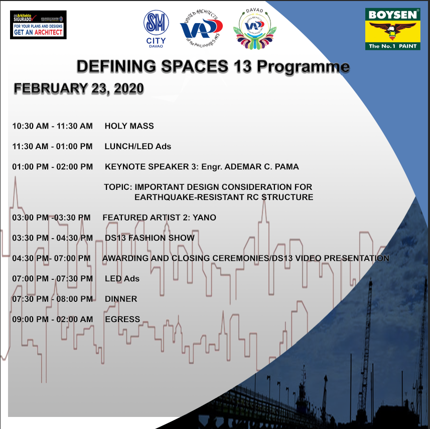 D1uapsa's tweet photo. LOOK | The programme for #DefiningSpaces13 this February 22 and 23 (Saturday and Sunday) at SM Ecoland Annex Atirum. See you all tomorrow!
#OneD1
#OneD1nag
#UAPSAnaAll
#UAPSAmaAll
#DesigningForResiliencyAndClimateChange https://t.co/yE8IkGmjzT