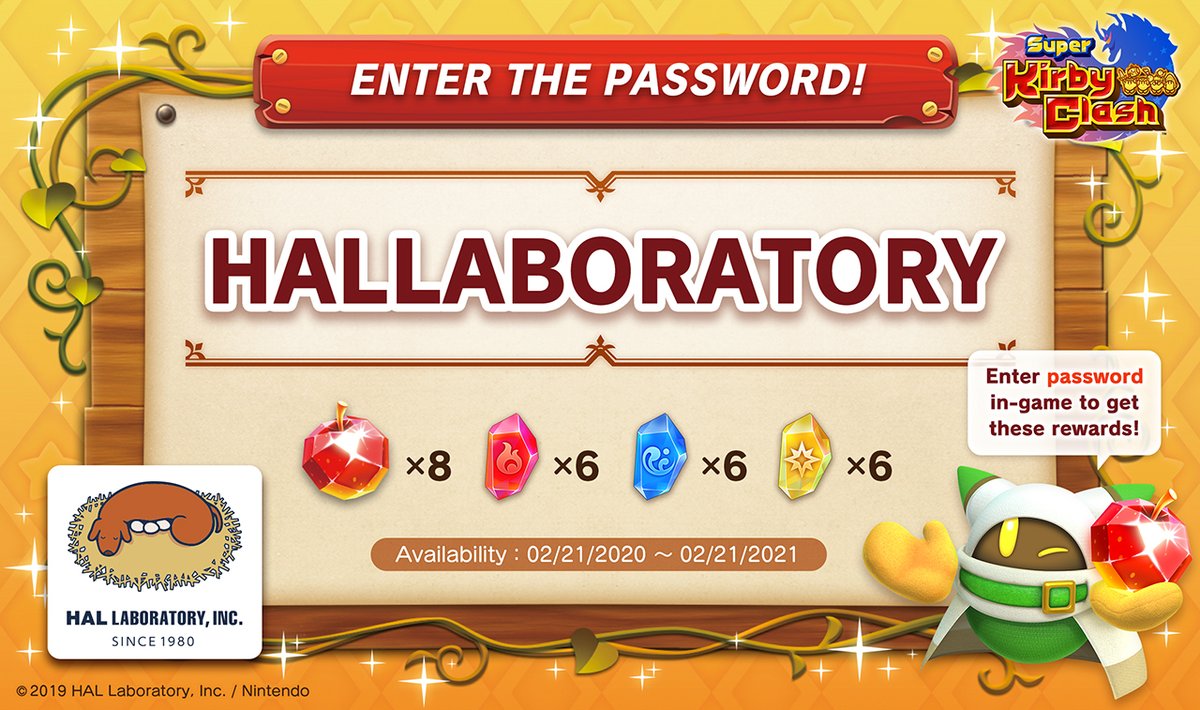 株式会社ハル研究所 In Celebration Of The 40th Anniversary Of Hal Laboratory A Special Password For Super Kirby Clash Is Released With The Password In The Picture You Can Get 8pcs Of