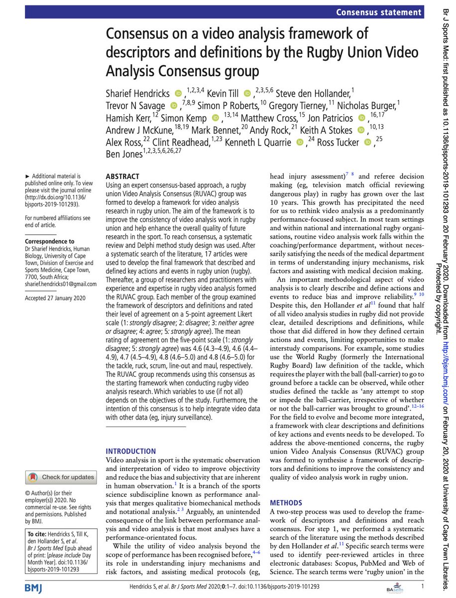 Sharief Hendricks 🇿🇦 (@sharief_h) on Twitter photo New Paper: Consensus on video analysis in rugby in <a href="/BJSM_BMJ/">British Journal of Sports Medicine (BJSM)</a> 🏉🔬 bjsm.bmj.com/content/early/…. Let's improve the consistency & quality of video analysis work to ⬇️injury, ⬆️performance, assist medical protocols🩺 & referee decision making👀
Special thanks to BJSM editors & reviewers New Paper: Consensus on video analysis in rugby in <a href="/BJSM_BMJ/">British Journal of Sports Medicine (BJSM)</a> 🏉🔬 bjsm.bmj.com/content/early/…. Let's improve the consistency & quality of video analysis work to ⬇️injury, ⬆️performance, assist medical protocols🩺 & referee decision making👀
Special thanks to BJSM editors & reviewers