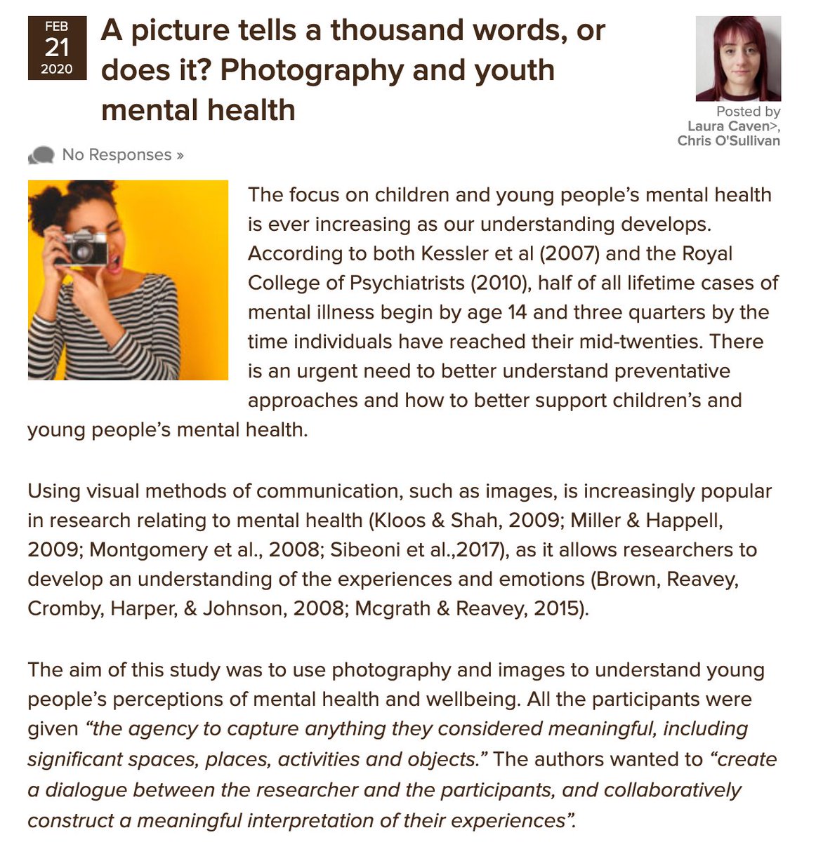The Mental Elf (@mental_elf) on Twitter photo Today Laura Caven <a href="/xLauraCx/">Laura</a> and Chris O’Sullivan <a href="/mentalcapital/">Chris O'Sullivan (he/him)</a> summarise a recent qualitative study by @mh_ashleigh & <a href="/anne_feltonmh/">Anne Felton</a> in <a href="/TheCAMH/">The CAMH journal</a> on young people’s experiences and perceptions of mental health and well-being through photography
elfi.sh/2SZsz23 Today Laura Caven <a href="/xLauraCx/">Laura</a> and Chris O’Sullivan <a href="/mentalcapital/">Chris O'Sullivan (he/him)</a> summarise a recent qualitative study by @mh_ashleigh & <a href="/anne_feltonmh/">Anne Felton</a> in <a href="/TheCAMH/">The CAMH journal</a> on young people’s experiences and perceptions of mental health and well-being through photography
elfi.sh/2SZsz23