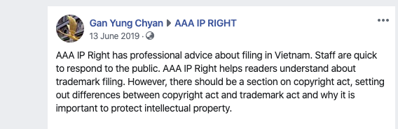 AIpright's tweet photo. Our client's feedback on our advice for trademark registration in Vietnam. We keep improving our services to make sure that our clients shall be provided with qualified services and good fees. #AAAIPRIGHT, #AAA, #IPRIGHT, #TrademarkInVietnam #VietnamTrademark #VietnamTrademarkFee https://t.co/OuXAzdJMUc