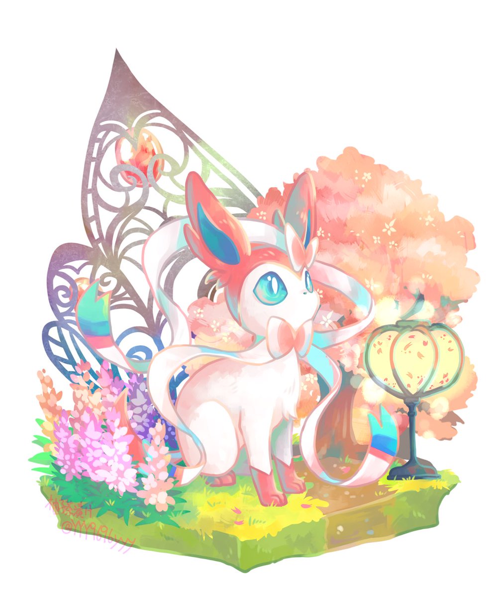 sylveon no humans pokemon (creature) solo flower grass standing blue eyes  illustration images