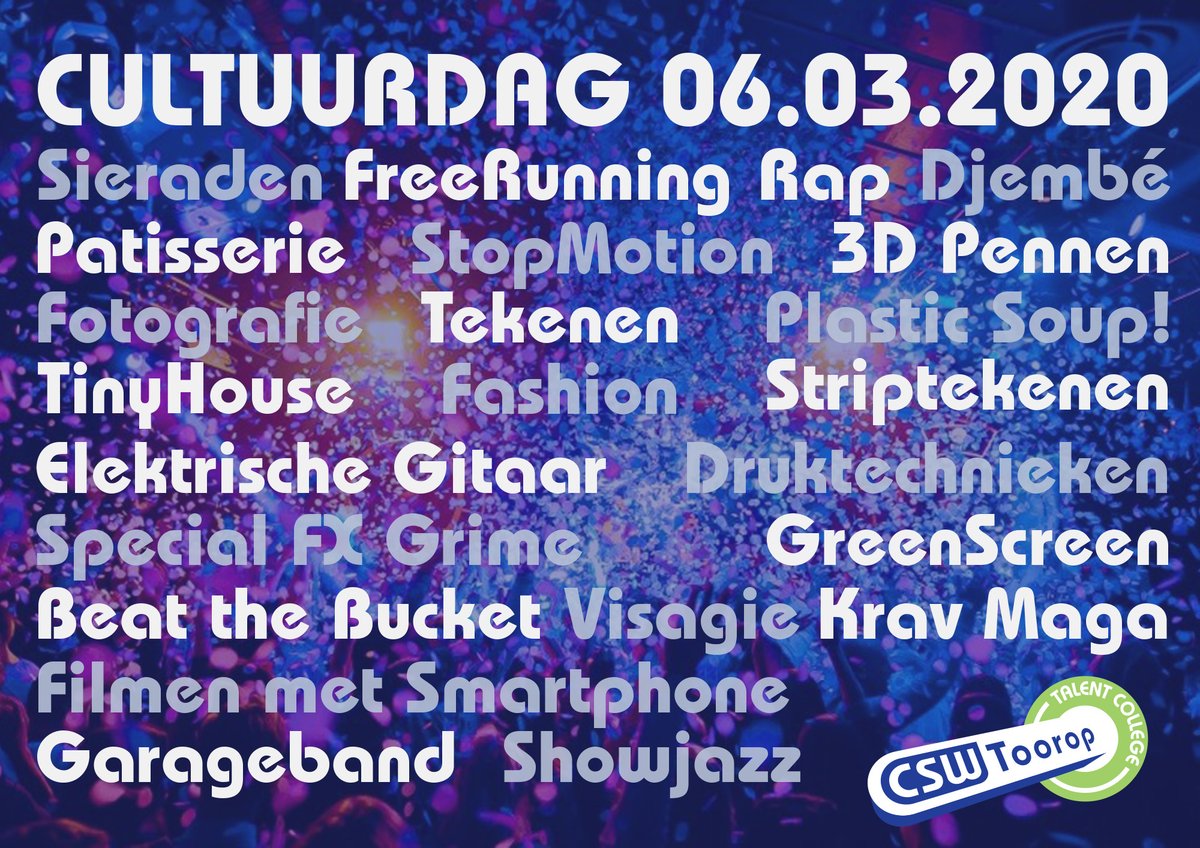6 maart: Cultuurdag op CSW Toorop Talent College met 23 verschillende workshops <a href="/CSWscholen/">CSW</a>