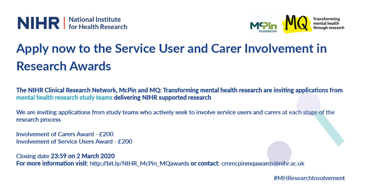 McPinFoundation's tweet photo. Are service users and carers involved in your #mentalhealth research?
Then apply now to the awards that we're running in collaboration with @NIHRresearch and @MQmentalhealth!
Deadline 2 March
More info here: https://t.co/ZgkOo8pusT
#MHResearchInvolvement #PPI https://t.co/9XQbiXaT39