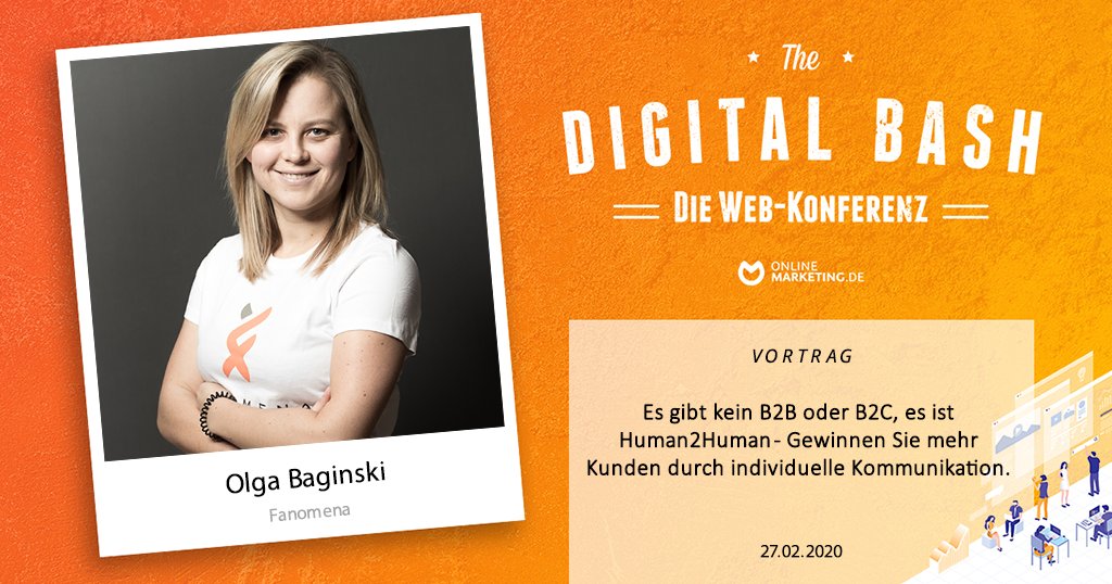 Weiter geht es mit Olga Baginski, Business Unit Lead bei <a href="/fanomena/">Fanomena</a> mit ihrem Vortrag:
Es gibt kein B2B oder B2C, es ist Human2Human - Gewinnen Sie mehr Kunden durch individuelle Kommunikation.

Du willst dabei sein? Dann melde dich hier an:
digitalbash.de/b2b-marketing/…
