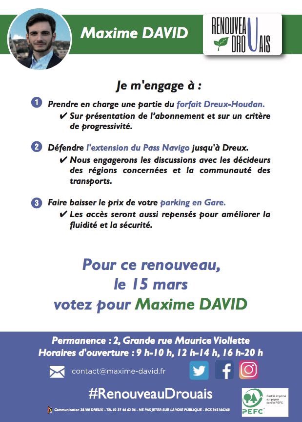 _MaximeDavid's tweet photo. Pour soutenir le pouvoir d'achat de nos navetteurs Drouais-es nous prenons des engagements concrets !  @usagersligneN #RenouveauDrouais  #Municipales2020 #Dreux https://t.co/0war25X16X