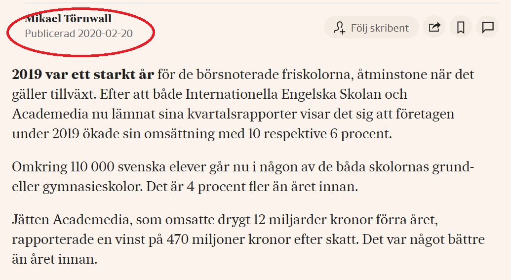 19 februari: Avslöjande om att Academedia-skola polisanmäls för att skicka ut ofärdiga yrkesförare i ett arbetsliv på vägarna.
20 februari: Academedia presenterar vinsten för 2019. Den har ökat till 470 miljoner kronor efter skatt.
Varför är vi inte ute på gatorna idag?