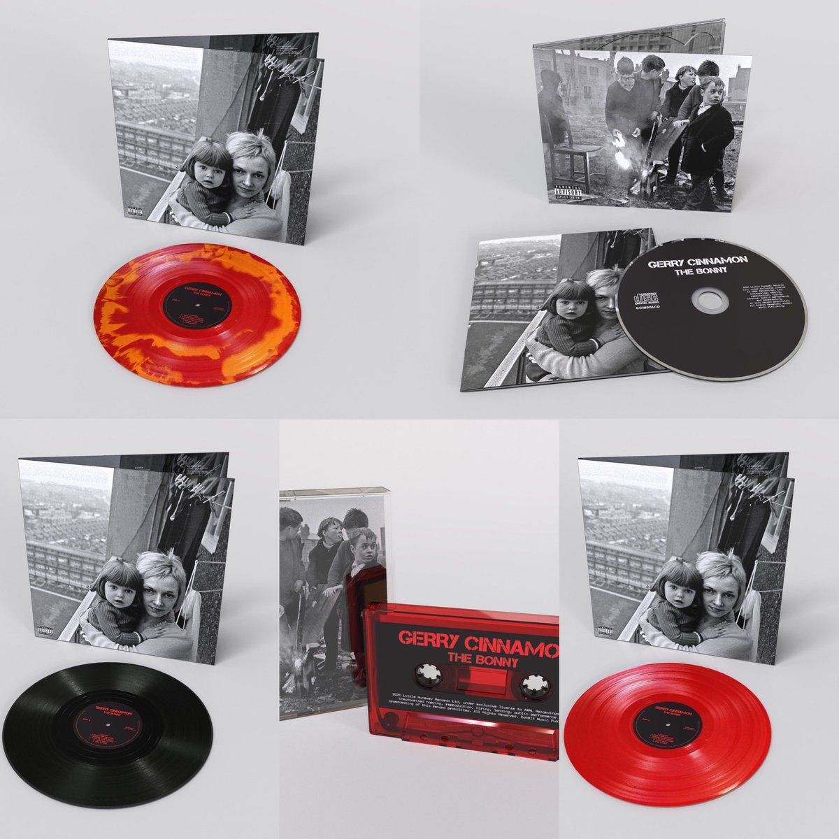 GerryCinnamon's tweet photo. Gerry Cinnamon‘s new album THE BONNY. 
Alternating album covers &amp; limited edition exclusive flame vinyl.🔥
Out April. 

Pre-order @ https://t.co/CTjWwzg7NL https://t.co/B9XXM5BQLN