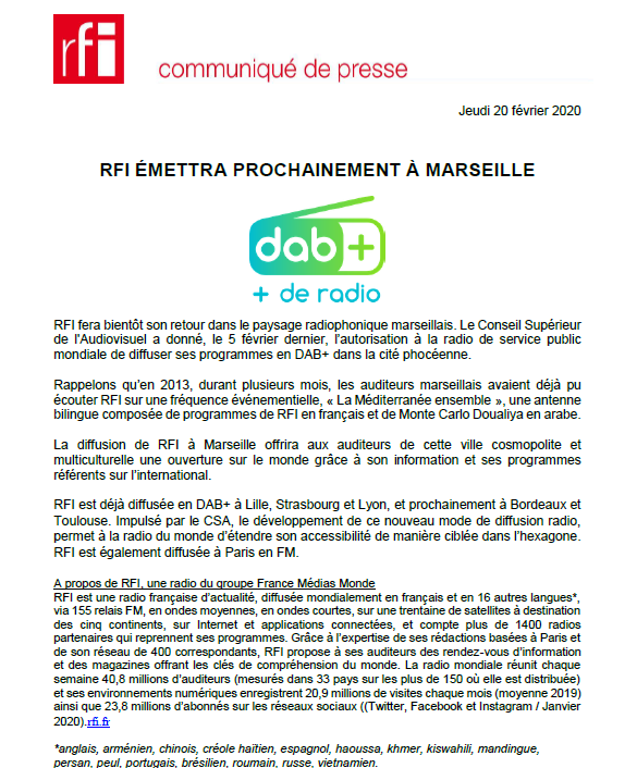 RFI_Presse's tweet photo. 📻🔜@RFI fait bientôt son retour à @Marseille ! Le @csaudiovisuel a donné l'autorisation à la radio mondiale de diffuser ses programmes en DAB+ dans la cité phocéenne. #DABplus #DABplusfr #DABradio https://t.co/sX03GJdvUb