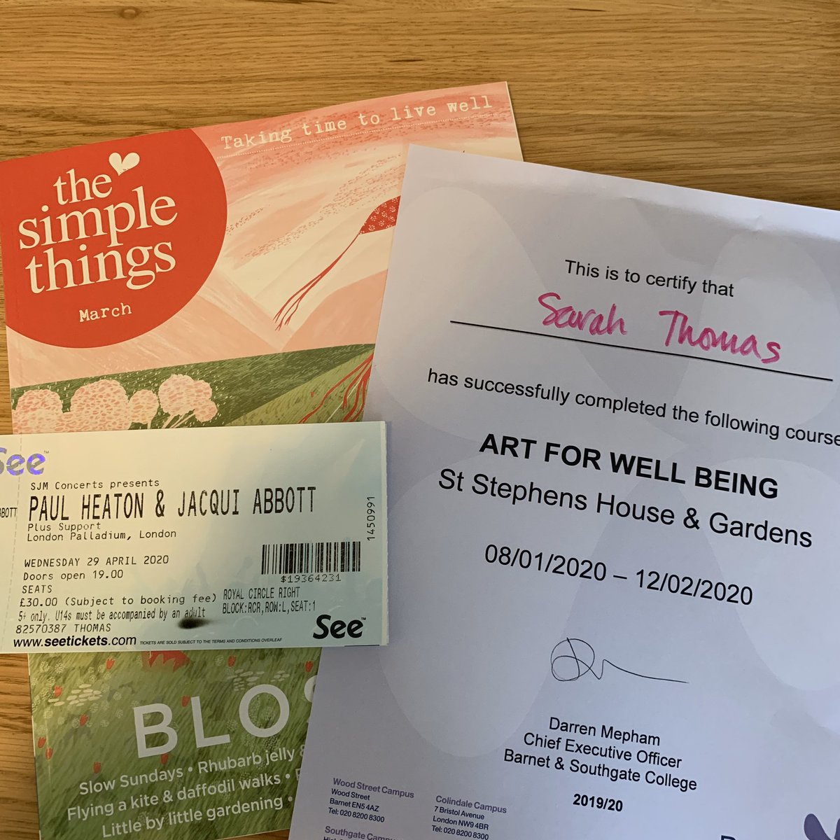 Perfect post today @simplethingsmag @PaulHeatonSolo tickets, #artforwellbeing certificate @barnetsouthgate @stephenshouse - you’re never too old to appreciate a certificate!!