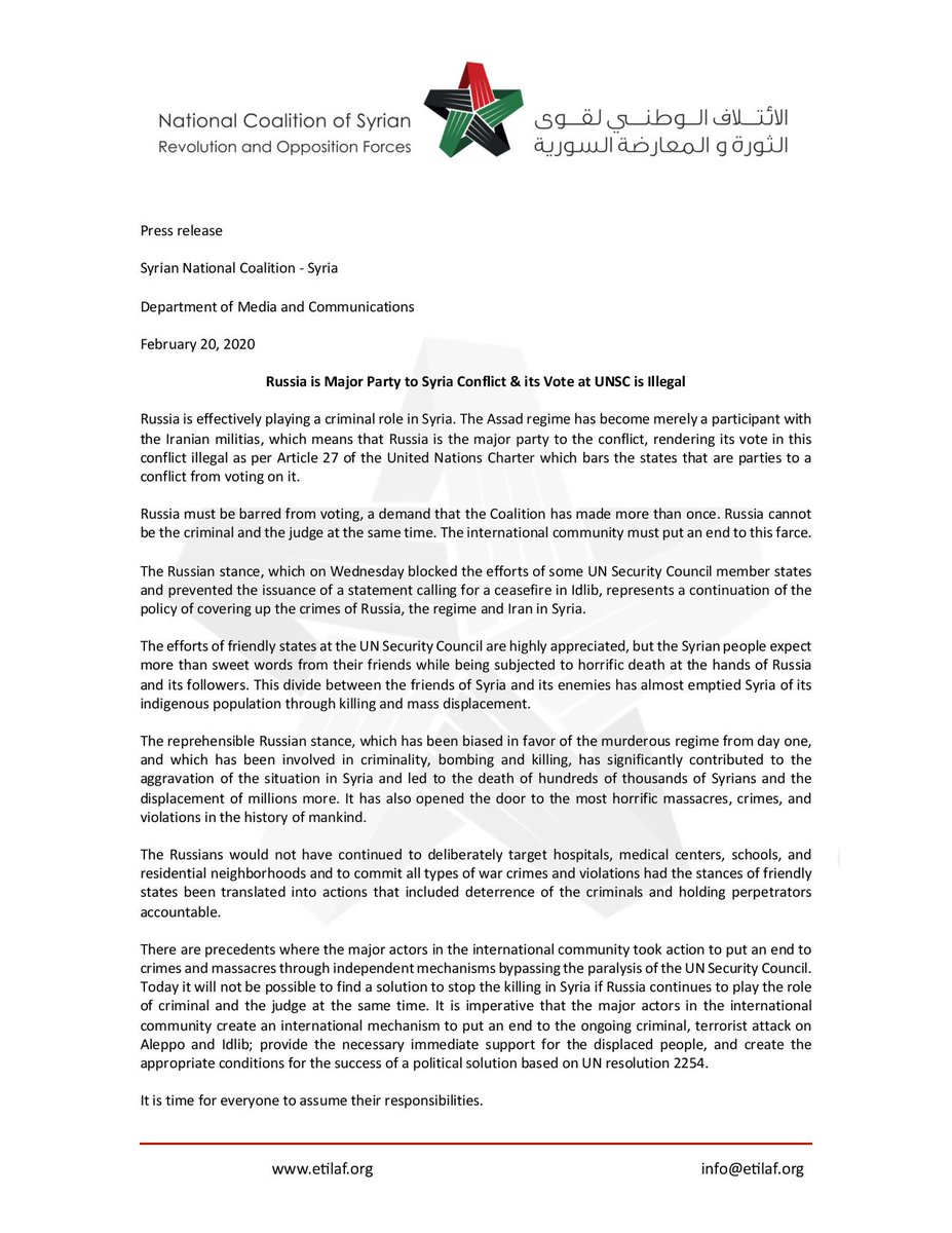 SyrCoalition's tweet photo. #PressRelease
Syrian National Coalition - Syria
Department of Media and Communications
February 20, 2020
Russia is Major Party to #Syria Conflict & its Vote at UNSC is Illegal
https://t.co/K7x8HGZjp3
#Idlib #With_Idlib https://t.co/y1VYAtED7Y