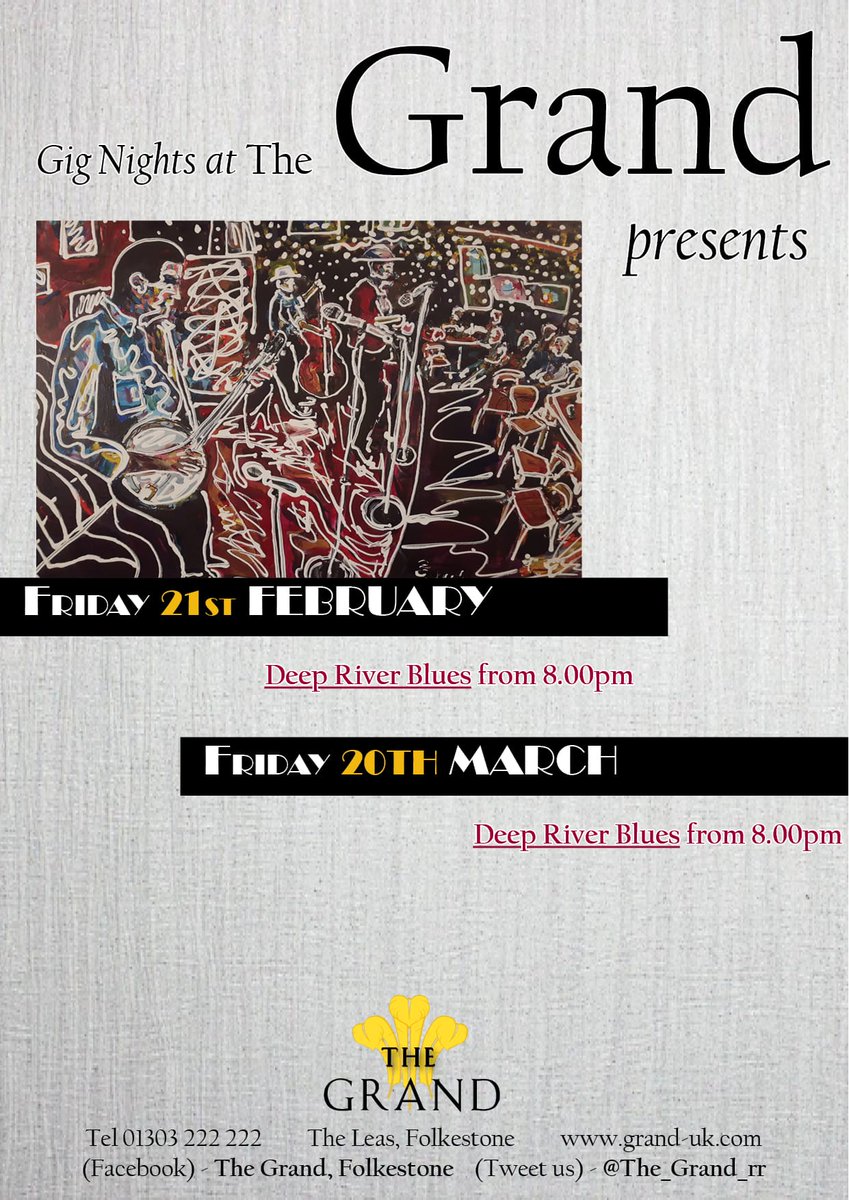 GrandFolkestone's tweet image. FREE ENTRY!

Come and see the amazing Deep River Blues tonight from 8pm in our Keppels Bar. A perfect excuse for a night out!

#LiveMusic #Jazz #Folkestone