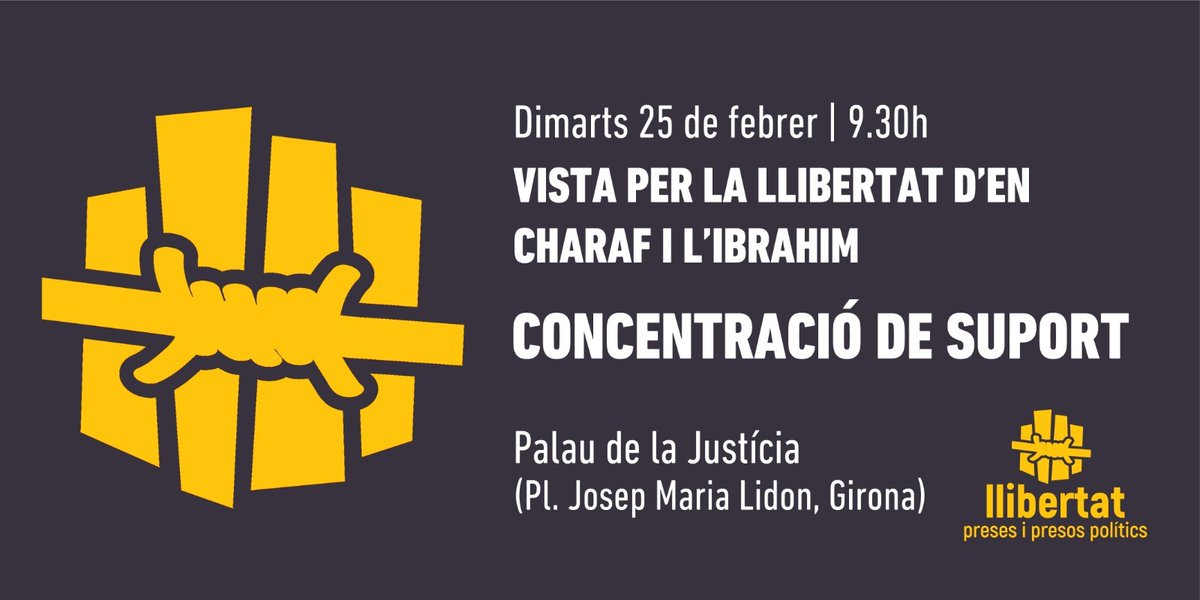 ATENCIÓ!
Aquest dimarts l'Audiència Provincial de Girona ressol de nou els recurs presentats per demanar la llibertat d'en Charaf i l'Ibrahim. Us convoquem per exigir-ne la seva llibertat immediata.
#Llibertatpresospolítics