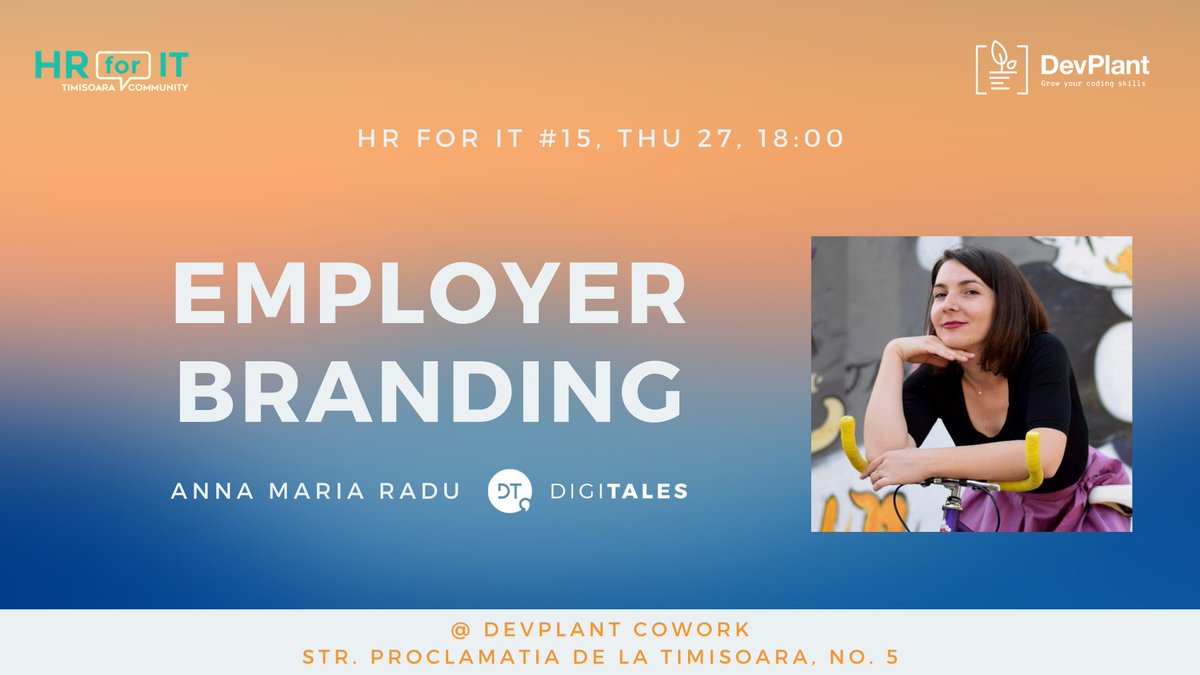 Brand new #HRforIT #meetup, happening next Thursday in #Timisoara! 
This time we'll be tackling the subject of #EmployerBranding, and to help us get clarity on this is none other than <a href="/annamradu/">Anna Maria Radu</a> , entrepreneur &amp; founder of <a href="/digitales_pr/">DigiTales</a>!
RSVP here: buff.ly/2HID84q