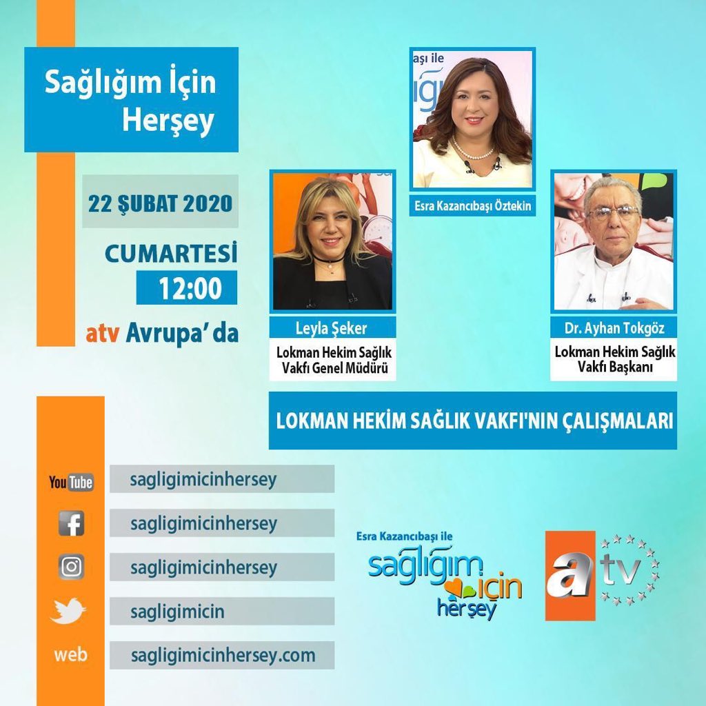 lokmanhekimsv's tweet photo. Cumartesi @atvavrupa kanalında gerçekleşecek yayında;
Lokman Hekim Sağlık Vakfı’nın neler yaptığını,neleri gerçekleştirdiğini anlatacağız.
Vakıfın kurucularından sayın Dr. Ayhan Tokgöz ile genel müdürümüz Leyla Şeker‘in konuk olacağı programda görüşmek üzere 🙋🏻♂️
#lhsv #yetisdoktor https://t.co/iWWtP8VKhN