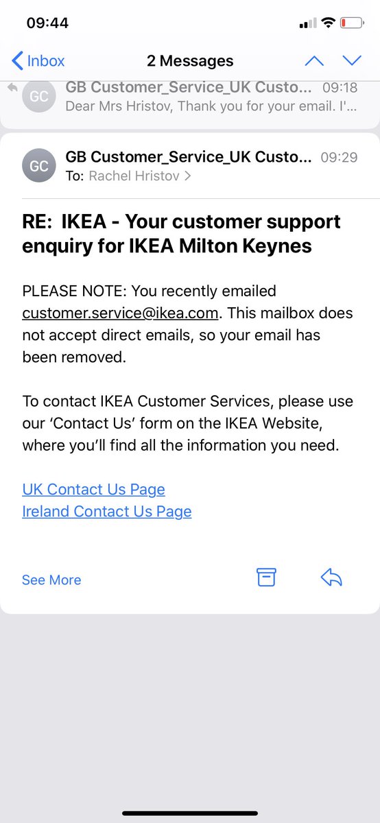RachelCEdwards's tweet photo. @IKEAUK Your customer communication is massively flawed. Customer writes a review, you respond , no way of replying. Customer emails, you email back and you can’t reply to the email 😂 #CustomerService #its2020 #IKEAuk #productcomplaint https://t.co/0wcT1jgQLk