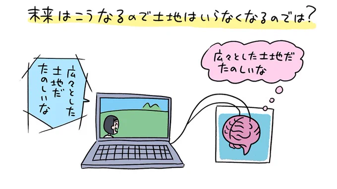 専門家に
「全人類がPCに脳を直結して、あらゆる快楽を享受する時代が来たら、土地の価値はなくなるのでは?」
って聞いたら
「ネットの発達で、土地の需要はさがるかもしれない」
って答えだった

土地ってどうして誰かのものなの?専門家に聞いた「土地の価値」の話 
https://t.co/aVHPrB2s9B 